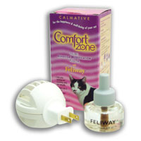 Comfort Zone Plug In with Feliway Feline Facial Pheromones for cat behavior modification and stopping inappropriate feline urine marking, plus reducing stress in multi-cat households.