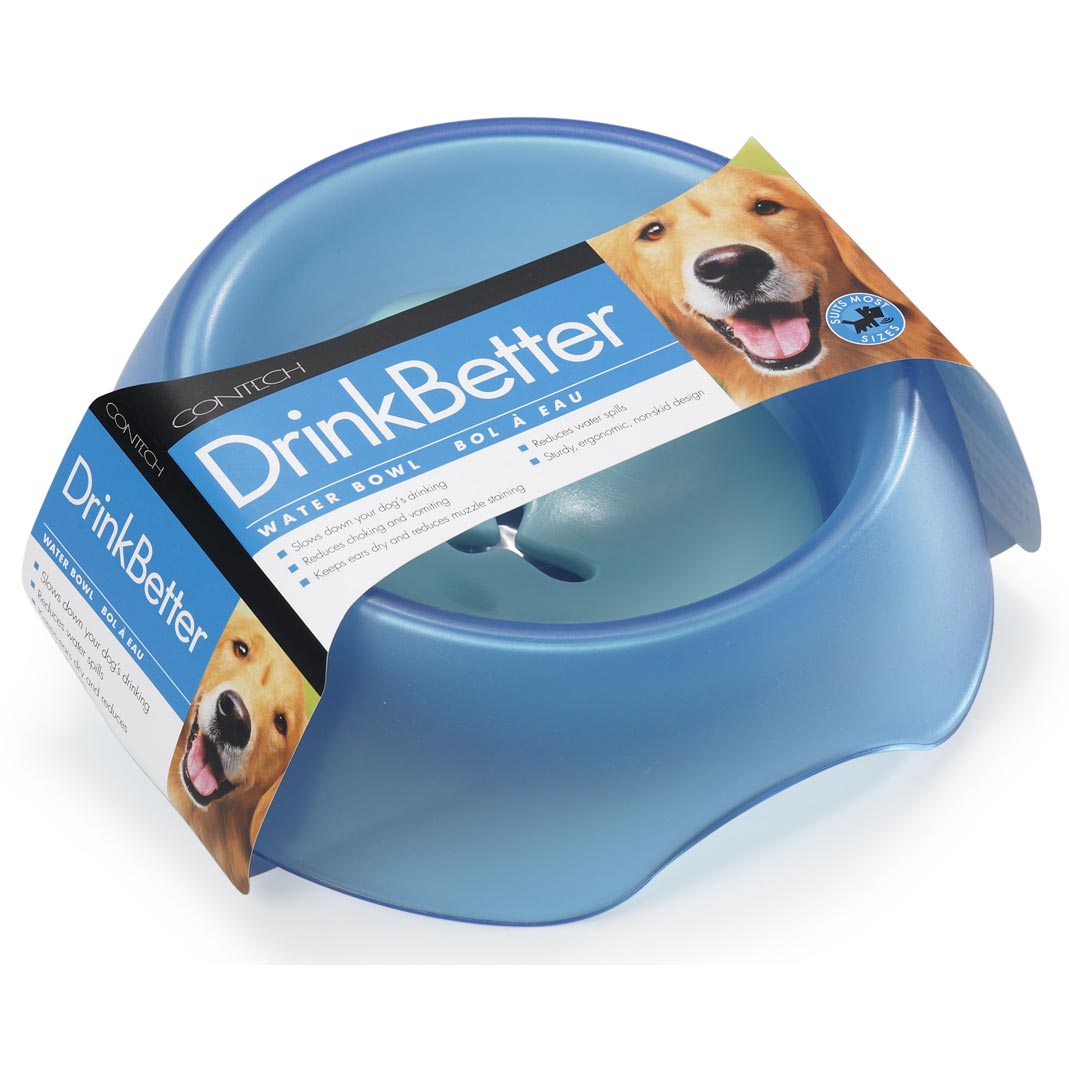 DrinkBetter pet water dish helps dogs and cats drink more slowly and avoid gorging and unhealthy vomiting, from Contech, buy here at HDW Enterprises