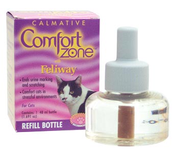 Comfort Zone Plug In with Feliway Feline Facial Pheromones for cat behavior modification and stopping inappropriate feline urine marking, plus reducing stress in multi-cat households.